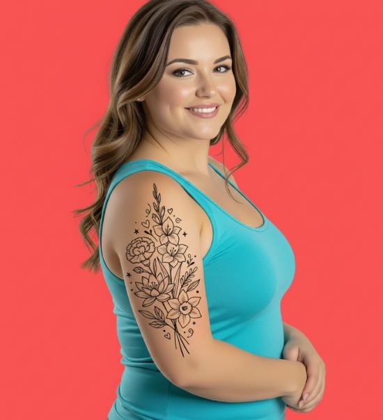 Custom fine line birth flower bouquet tattoo